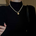 Gold Plated Faux Pearl Rhinestone Round Portrait Pendant Necklace French Vintage Clavicle Jewelry view 1