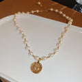 Gold Plated Faux Pearl Rhinestone Round Portrait Pendant Necklace French Vintage Clavicle Jewelry view 2