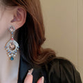 Vintage Alloy Rhinestone Fan Shaped Teardrop Drop Earrings Palace Style Jewelry view 3