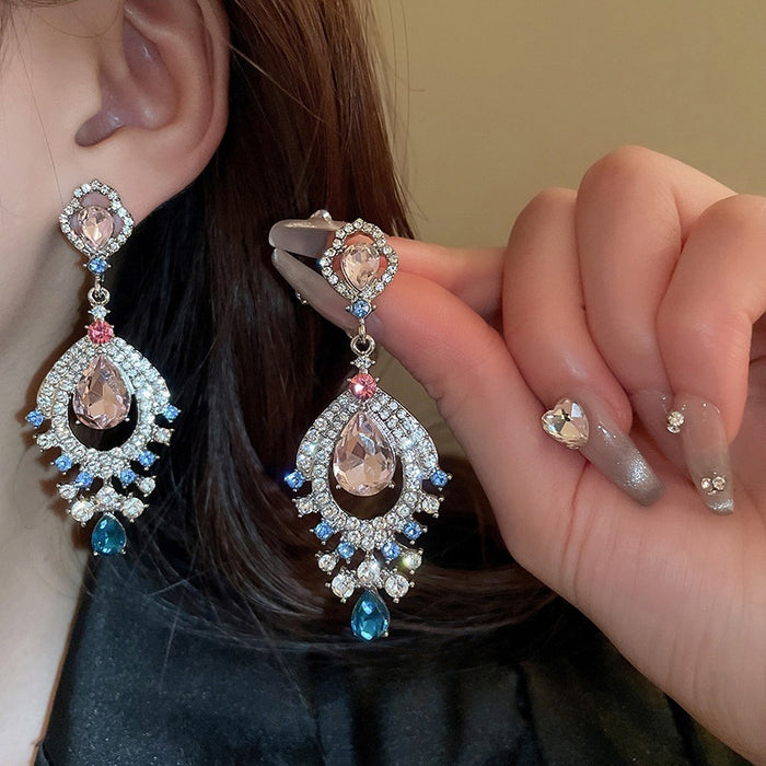 Vintage Alloy Rhinestone Fan Shaped Teardrop Drop Earrings Palace Style Jewelry