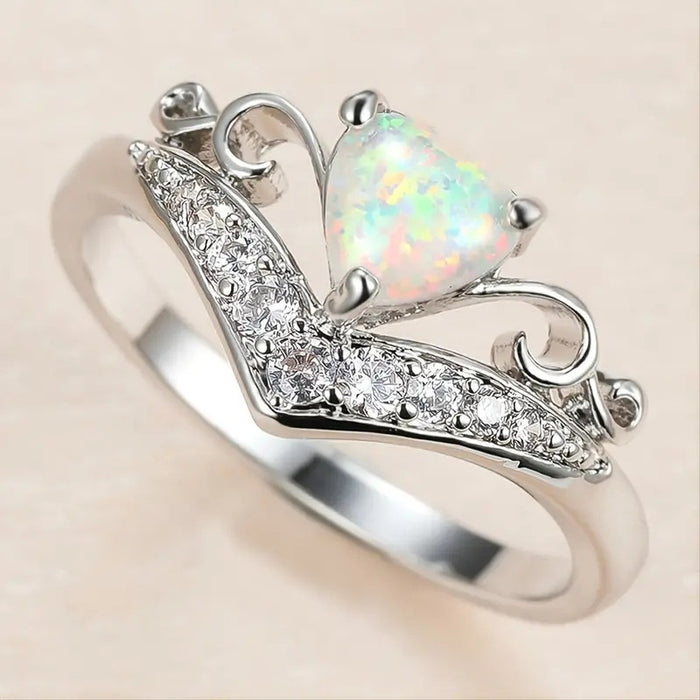 Heart Ring For Women, Korean Japanese Light Luxury Flower Band With Faux Opal Princess Style Jewelry