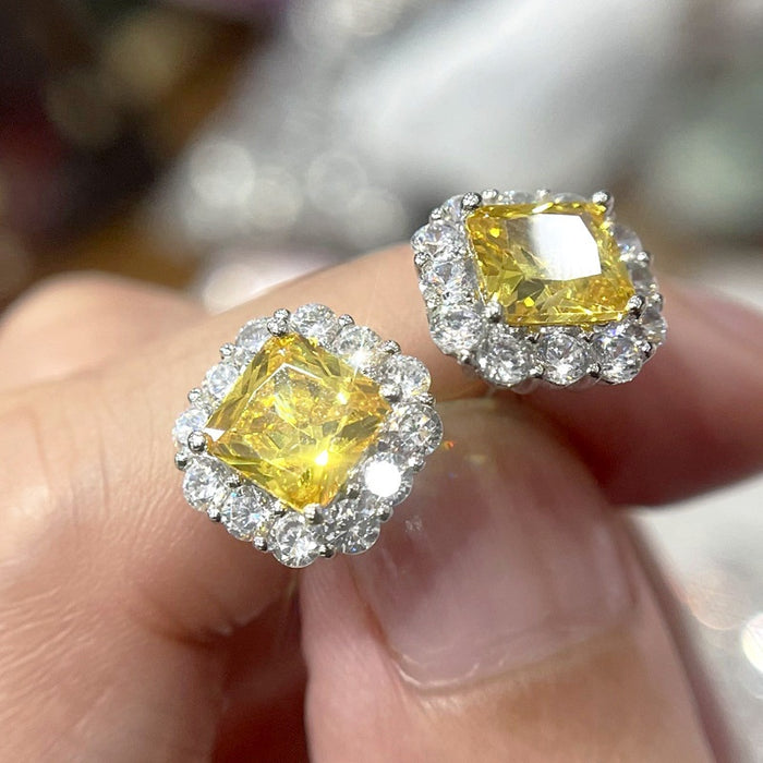 American Style Square Sugar Cube Stud Earrings For Women, French Luxury Princess Ear Jewelry