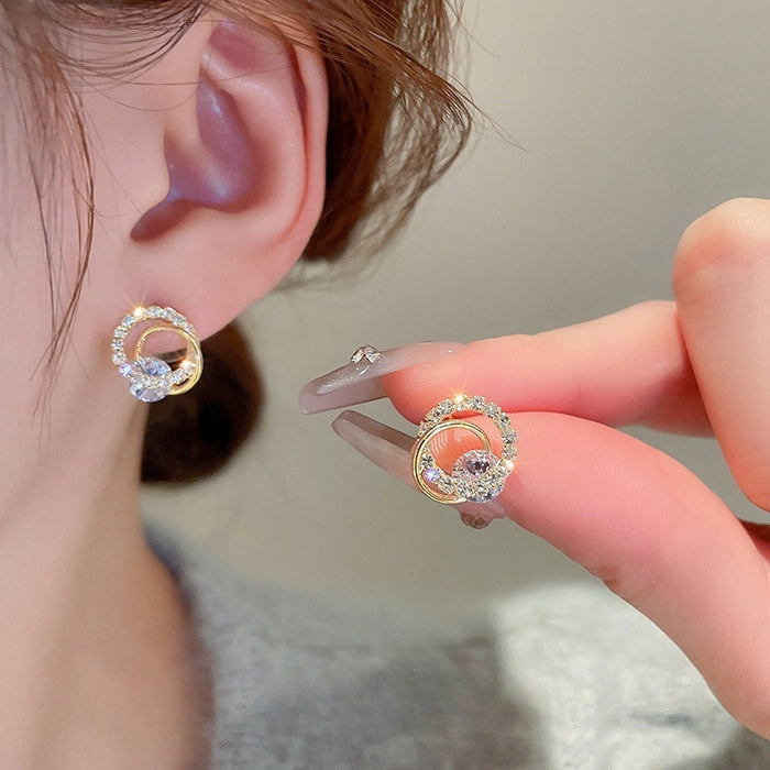 Gold Plated Zircon Hollow Circle Hoop Earrings With Silver Posts In Light Luxury Style
