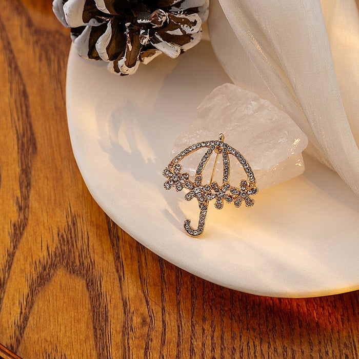 Creative Rhinestone Umbrella Flower Brooch With Geometric Hollow Design Luxury Fashion Accessory