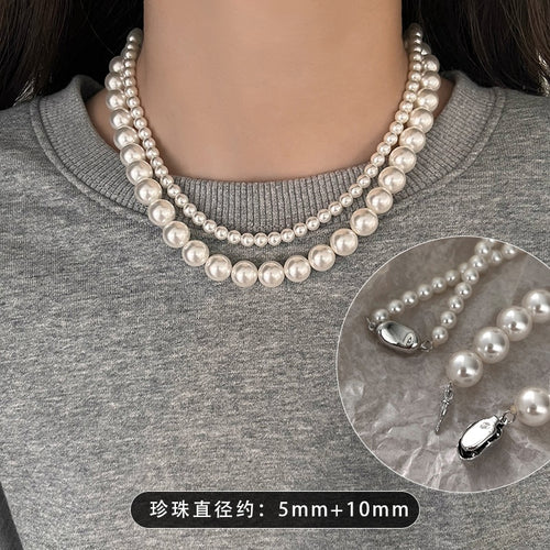 Korean Style Pearl Geometric Alloy Necklace, French Vintage Elegant Clavicle Jewelry