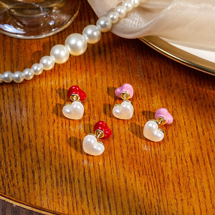 Elegant Double Sided Enamel Heart Studs With Pearl Heart Charm Sweet Contrast Alloy Women Earrings