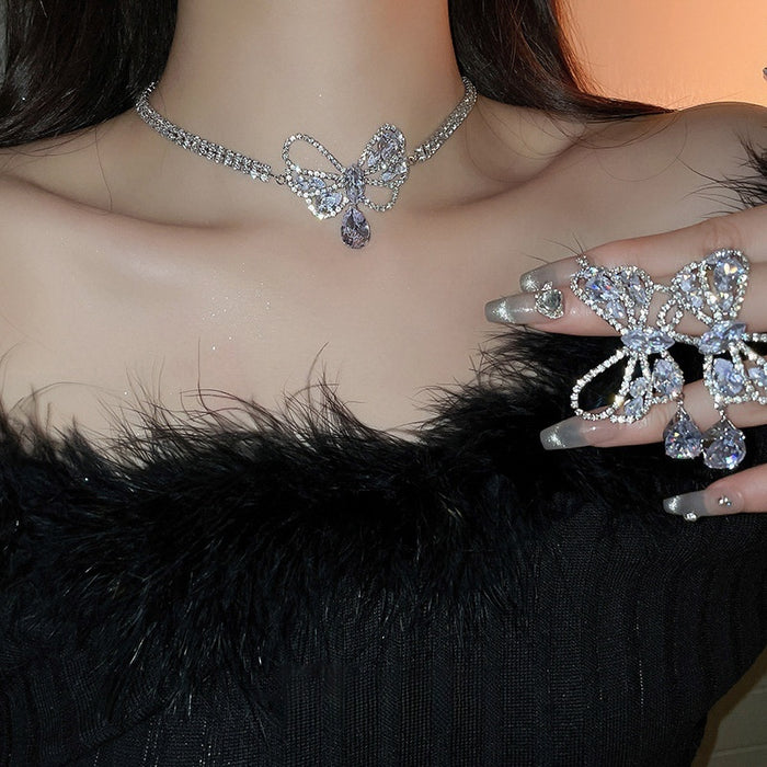Zircon Hollow Bow Teardrop Necklace And Stud Earrings Jewelry Set For Women