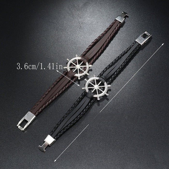 Creative Nautical Leather Bracelet With Alloy Ship Wheel Charm Braided Fashion Wristband
