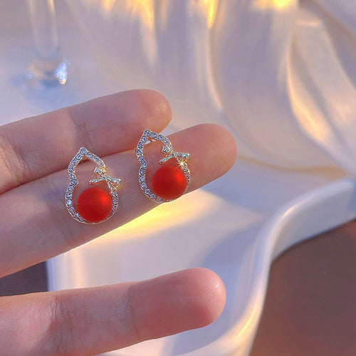 Elegant Vintage Red Gourd Bowknot Rhinestone Inlaid Gold Alloy Silver Needle Stud Earrings