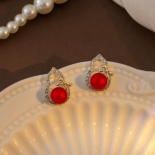 Elegant Vintage Red Gourd Bowknot Rhinestone Inlaid Gold Alloy Silver Needle Stud Earrings