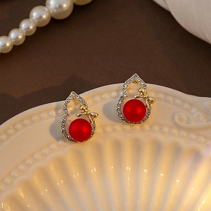 Elegant Vintage Red Gourd Bowknot Rhinestone Inlaid Gold Alloy Silver Needle Stud Earrings