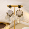 Vintage French Shell Drop Alloy Filigree Round Acrylic Pearl Black Rhinestone Luxury Dangle Earrings view 2