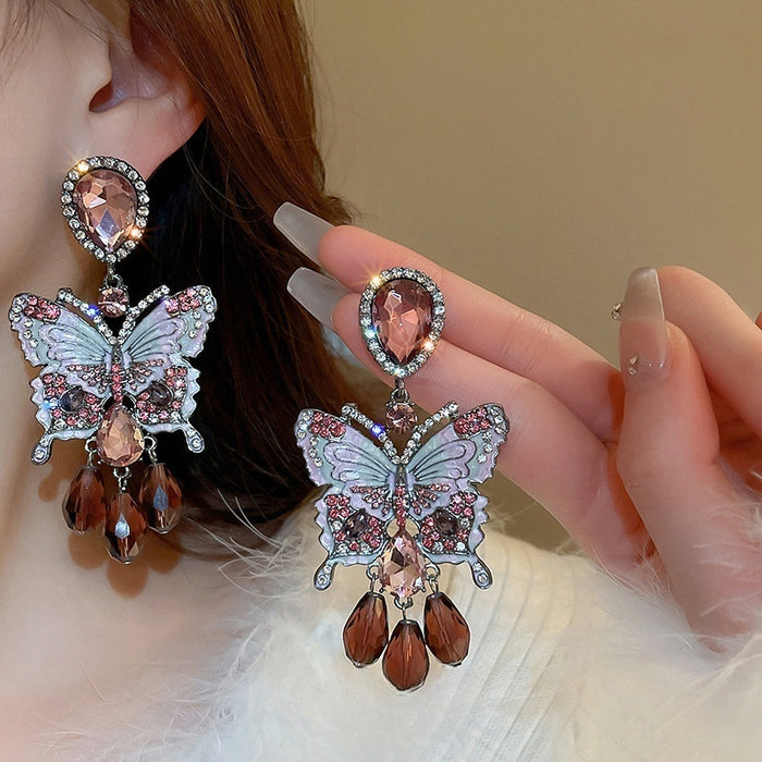 Faux Crystal Butterfly Tassel Drop Earrings, Statement Korean Vintage Light Luxury Ear Jewelry