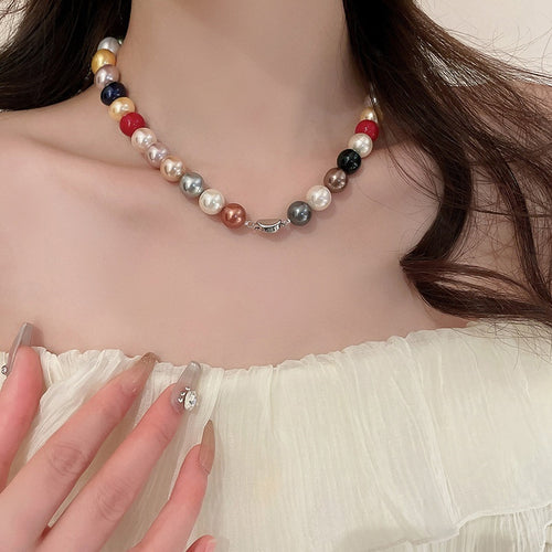 Dopamine Color Faux Pearl Sweater Necklace Korean Light Luxury Geometric Round Bead Choker