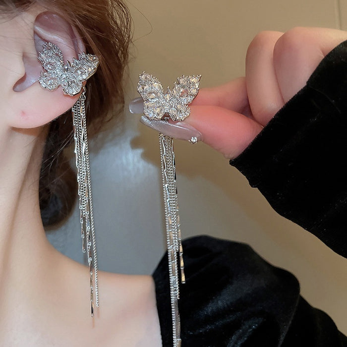 Light Luxury Zircon Butterfly Chain Tassel Clip-on Earrings Sweet No-Piercing Ear Cuffs