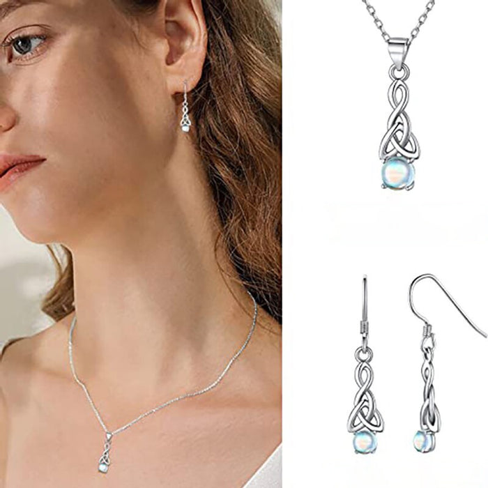 European Fashion Faux Moonstone Jewelry Set Triangle Twisted Hook Earrings And Necklace Pendant