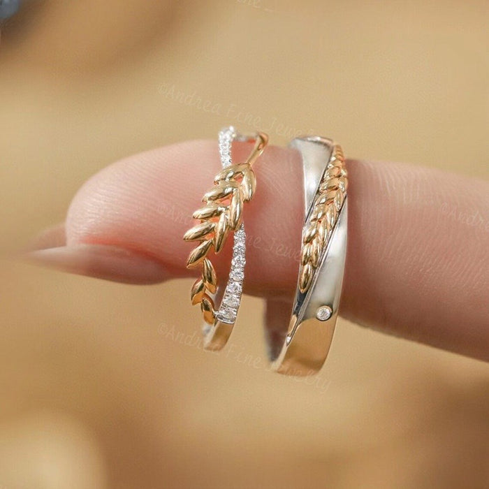 Wheat Ear Two Tone Couple Rings Versatile Wedding Band Set With Grain Harvest Theme