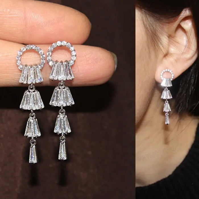 Sparkling Zircon Long Lily Of The Valley Earrings Elegant Bridal Fairy Dangle Earrings