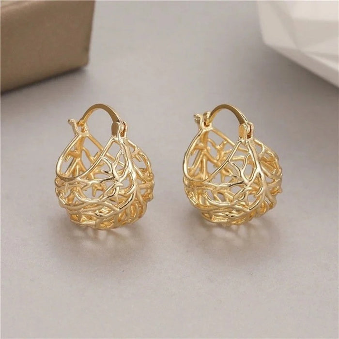 French Style Gold Metal Hollow Cradle Earrings, Tree Of Life Flower Basket Ear Cuffs For Women