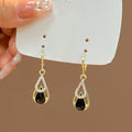 Luxury Zircon Inlaid Black Teardrop Hollow Double Layer Gold Alloy Dangle Hoop Earrings view 1