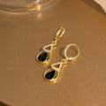 Luxury Zircon Inlaid Black Teardrop Hollow Double Layer Gold Alloy Dangle Hoop Earrings view 3