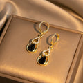 Luxury Zircon Inlaid Black Teardrop Hollow Double Layer Gold Alloy Dangle Hoop Earrings view 2