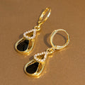 Luxury Zircon Inlaid Black Teardrop Hollow Double Layer Gold Alloy Dangle Hoop Earrings view 4
