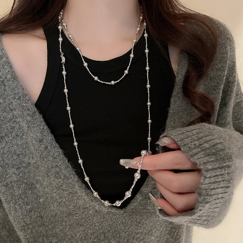 Korean Style Faux Pearl Silver Tone Crescent Pendant Long Sweater Necklace For Women
