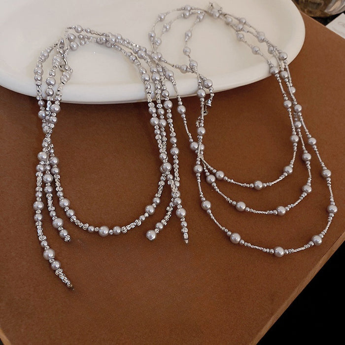 Korean Style Faux Pearl Silver Tone Crescent Pendant Long Sweater Necklace For Women