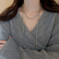 Korean Style Faux Pearl Silver Tone Crescent Pendant Long Sweater Necklace For Women view 3