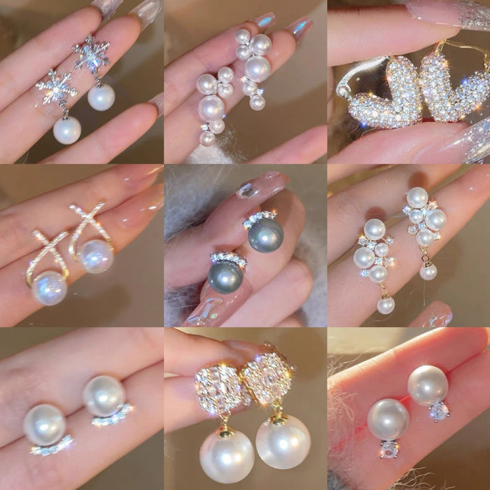 Gold Plated Alloy Pearl Rhinestone Stud Earrings With Silver Pins, French Vintage Light Luxury Style