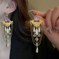 French Vintage Court Style Faux Pearl Rhinestone Long Tassel Teardrop Geometric Drop Earrings view 1