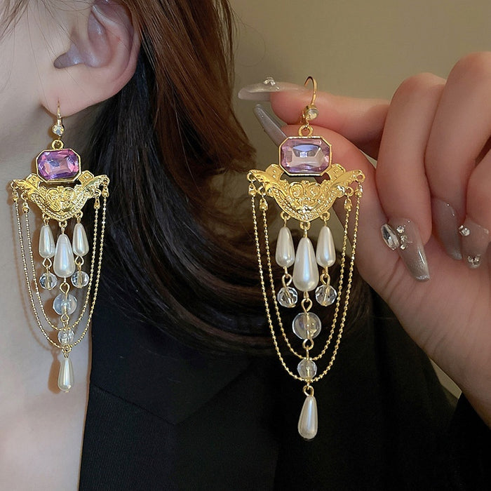 French Vintage Court Style Faux Pearl Rhinestone Long Tassel Teardrop Geometric Drop Earrings