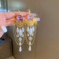 French Vintage Court Style Faux Pearl Rhinestone Long Tassel Teardrop Geometric Drop Earrings view 2