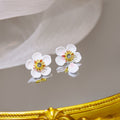 Elegant Enamel Flower Stud With Pearl Rhinestone Center Sweet Fresh Asymmetric Floral Silver Needle Earrings view 4