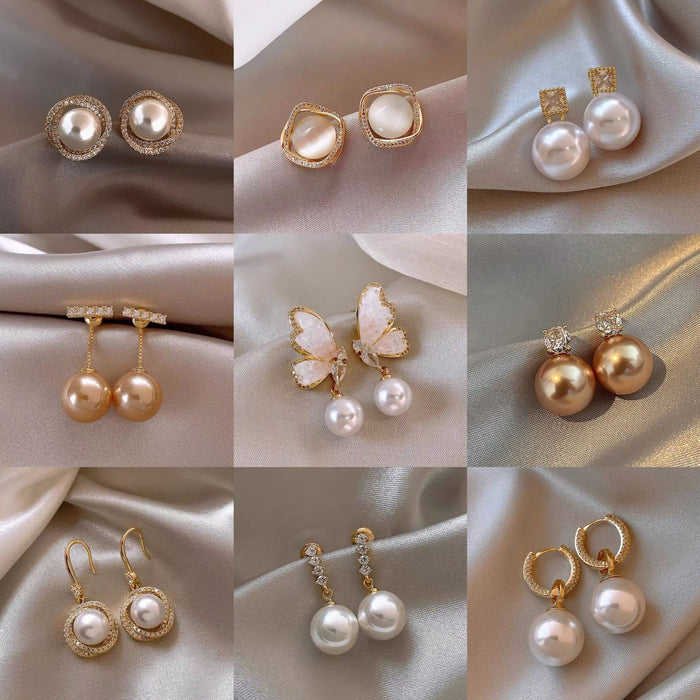 Copper Zircon Butterfly Pearl Stud Earrings French Vintage Light Luxury Geometric OL Style