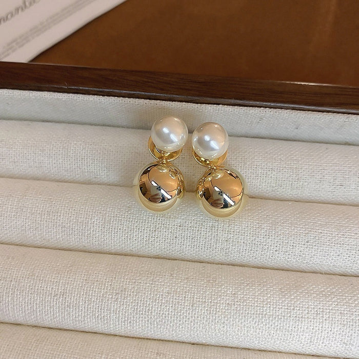 Gold Plated Silver Needle Faux Pearl Round Geometric Stud Earrings Minimalist Light Luxury Style