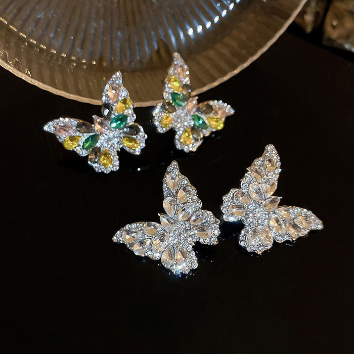 Alloy Silver Needle Sparkling Rhinestone Butterfly Waterdrop Stud Earrings For Women