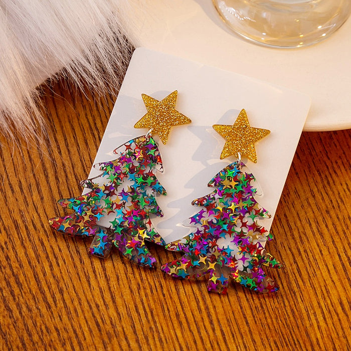 Colorful Acrylic Christmas Tree Drop Dangle With Glitter Gold Star Stud Holiday Statement Earrings