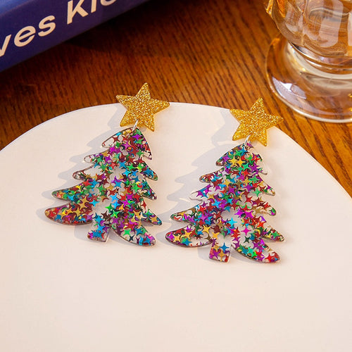 Colorful Acrylic Christmas Tree Drop Dangle With Glitter Gold Star Stud Holiday Statement Earrings