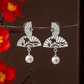 Elegant Hollow Gold Alloy Fan Drop With Rhinestone Accent And Pearl Dangle Women's Fashion Earrings view 2