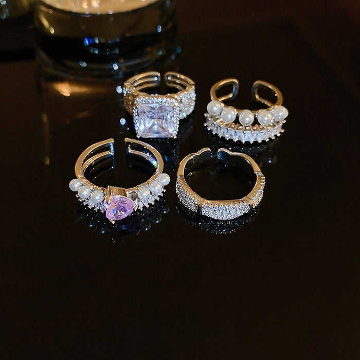 Elegant Zircon Pearl Open Ring With Hollow Circle Heart Bow Geometric Design