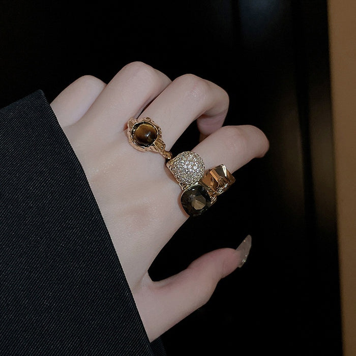 Gold Plated Zircon Geometric Open Ring With Round And Square Stones Vintage Statement Jewelry