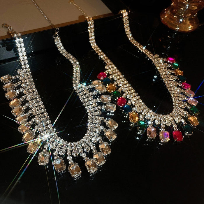 European Style Alloy Square Rhinestone Tassel Collarbone Necklace Geometric Luxury Statement Jewelry