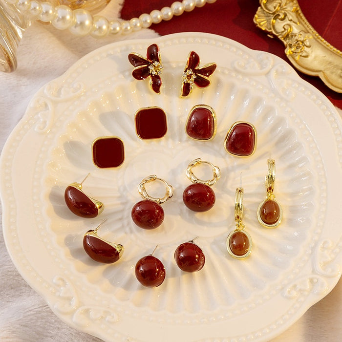 Silver Needle Enamel Rhinestone Flower Stud Earrings French Vintage Burgundy Round Ear Cuffs