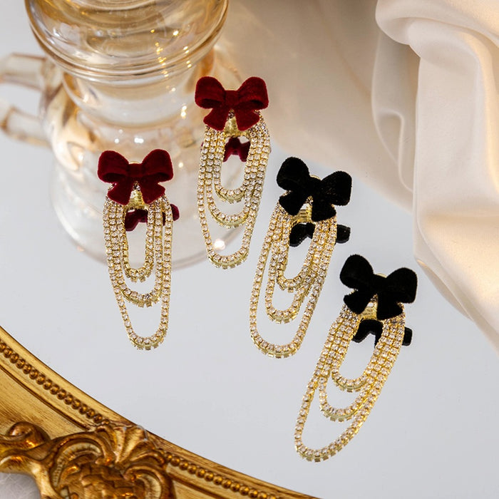 Vintage Velvet Bow Rhinestone Chain Tassel Detachable Two-Way Luxury Alloy Drop Earrings