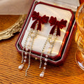 French Vintage Velvet Bow Rhinestone Tassel Pearl Drop Luxury Long Dangle Earrings view 1