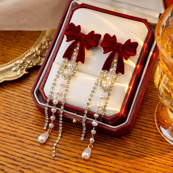 French Vintage Velvet Bow Rhinestone Tassel Pearl Drop Luxury Long Dangle Earrings