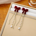 French Vintage Velvet Bow Rhinestone Tassel Pearl Drop Luxury Long Dangle Earrings view 2