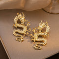 Vintage Chinese Dragon Carved Alloy Stud Earrings For Women, Luxury Ethnic Gold Silver Statement Earrings view 3
